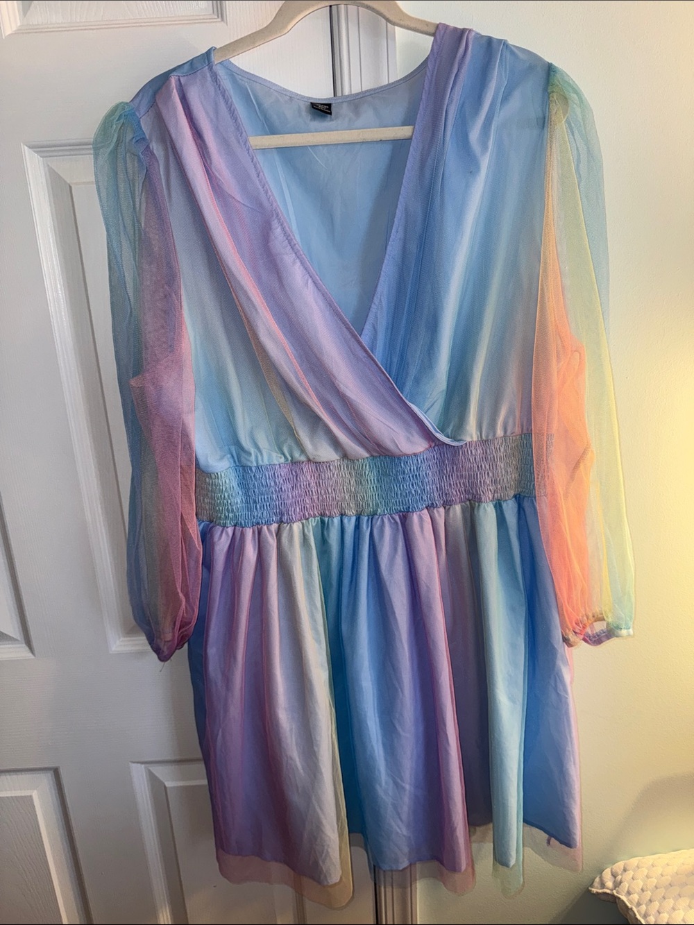 Pastel Rainbow Wrap Midi Dress with Sheer Sleeves